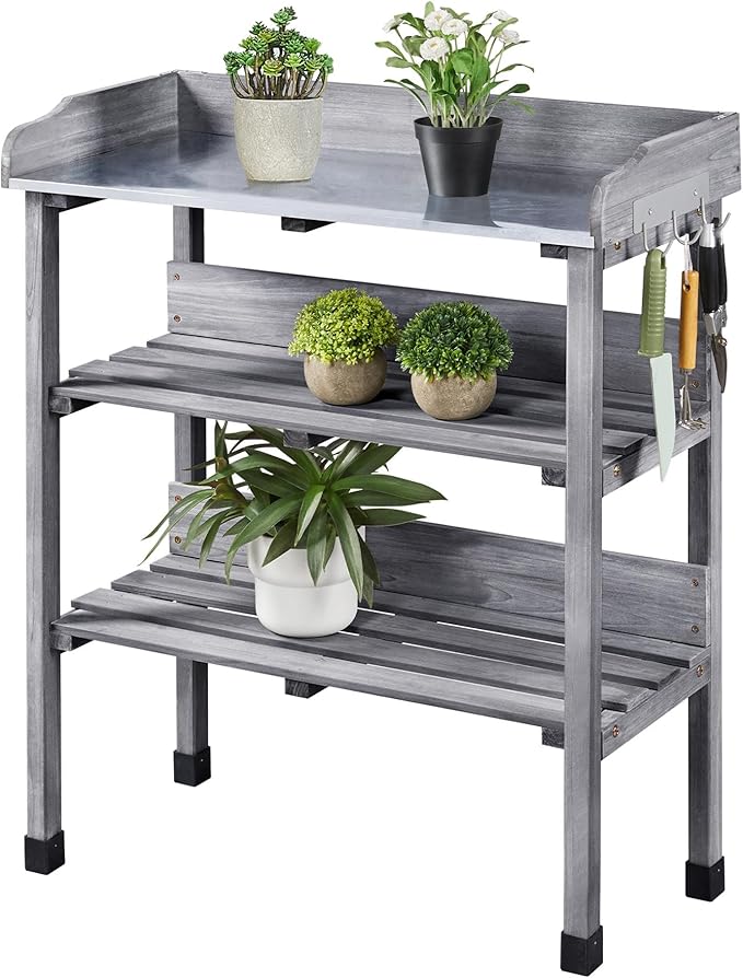 Yaheetech Garden Potting Table Horticulture Potting Bench w/Storage Shelf W/Metal Tabletop w/Hook 3 Shelves Workstation Work Benches Station, Gray