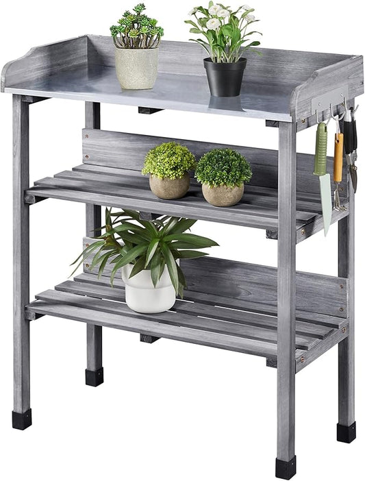 Yaheetech Garden Potting Table Horticulture Potting Bench w/Storage Shelf W/Metal Tabletop w/Hook 3 Shelves Workstation Work Benches Station, Gray