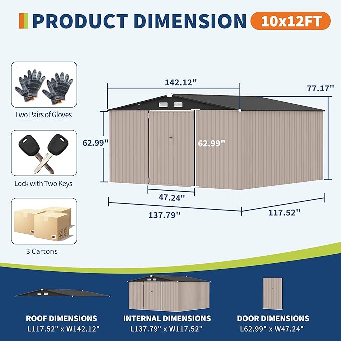 10x12 FT Metal Storage Sheds Outdoor, Metal ToolShed with Lockable Door, Metals Yard Sheds Metals Garden Shed Kit, MetalUtility Sheds Buildings with Air Vent for Backyard Garden Patio Lawn