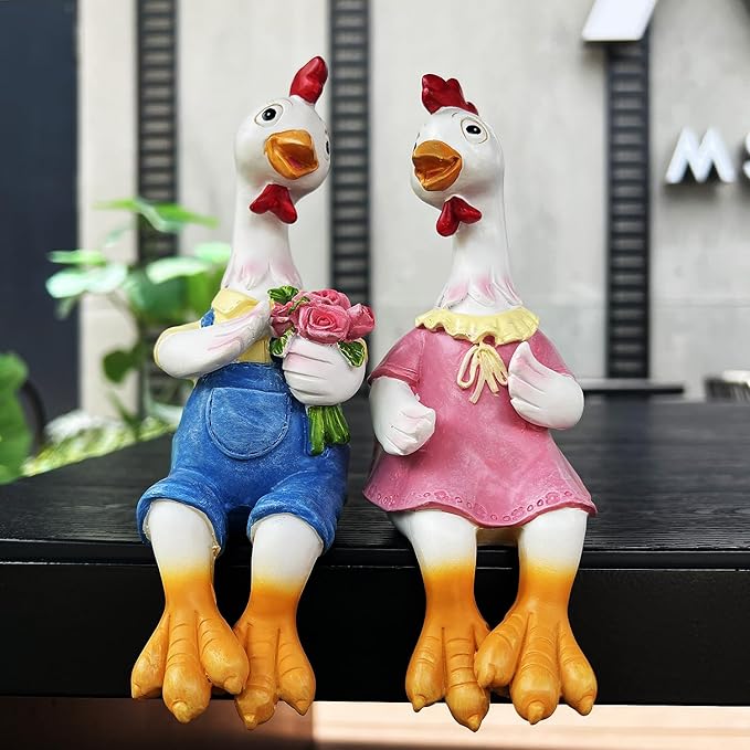 Handside Couple Duck Garden Statues Cartoon Resin Cute Sitting Chicken Sculpture Goose Lovers Figurine Gift Decorations for Yard Home Patio and Office and Wedding (Chicken)