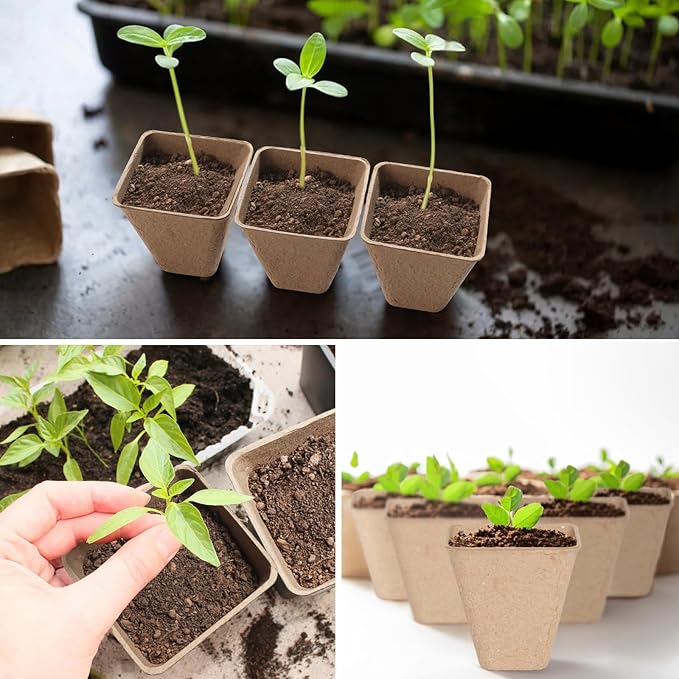 120 Pack 3.15 Inch Square Peat Pots for Seedlings, Seed Starting Pots with Drainage Holes Nursery Pot, Herb Seed Starter Pot Kits wit 30 Plant Labels, 2 Transplant Tools.