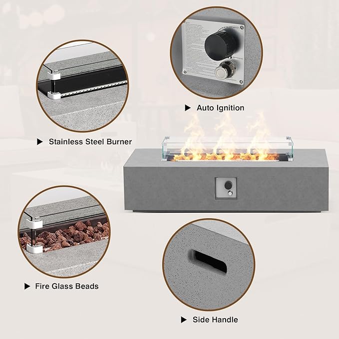 2-Piece Outdoor Propane Fire Pit Table Set – Premium Marble-Like MgO Finish, 56-Inch Gas Fire Table with Glass Wind Guard for Patio, Garden & Backyard, Includes Rain Cover & Lava Rocks