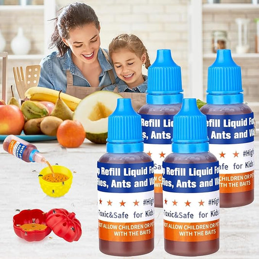 Fruit Fly Trap Refill Liquid Only, 0.68oz/ Bottle, Safe Bait, Ready-to-Use Gnats Killer Indoor Trap, Effective Lure Refill Gnat Catcher for Home Kitchen (4 Pack)