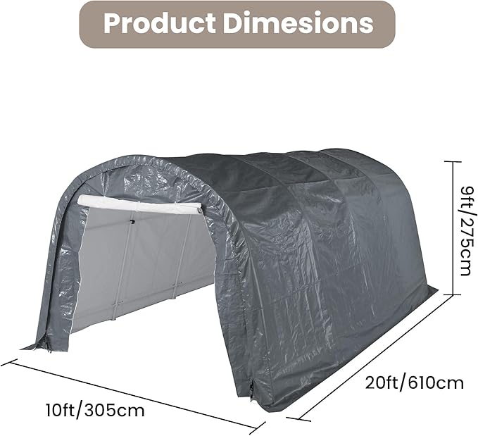 SUNBURY Carport, 10x20 FT Heavy Duty Canopy, Portable Garage with All-Steel Metal Frame & Double Zipper Doors, Round Style Outdoor Storage Shed for Car, Truck, Boat, Patio Furniture, Grey
