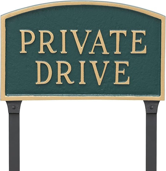 Montague Metal Products SP-12S-HGG-LS Standard Hunter Green and Gold Private Drive Arch Statement Plaque with 2 23-Inch Lawn Stakes