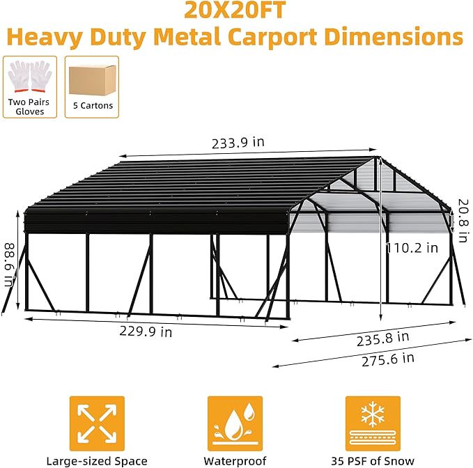 20x20FT Metal Carport Kits with Galvanized Steel Roof, Heavy Duty Metal Roof Carport with Enhanced Base, Tall MetalCarport Kits Garage for Tractors, Pickup, Boat, Car