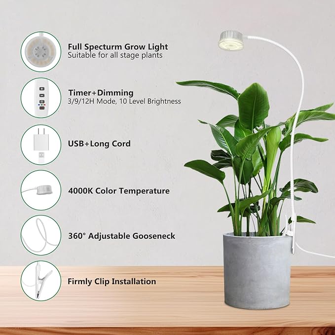 Grow Lights for Indoor Plants, 4000K Full Spectrum Plant Lights for Indoor Growing, 10 Brightness & 360° Adjustable Gooseneck & 3/9/12H Timer, Clip-on Small Grow Light for Succulents, Small Plant