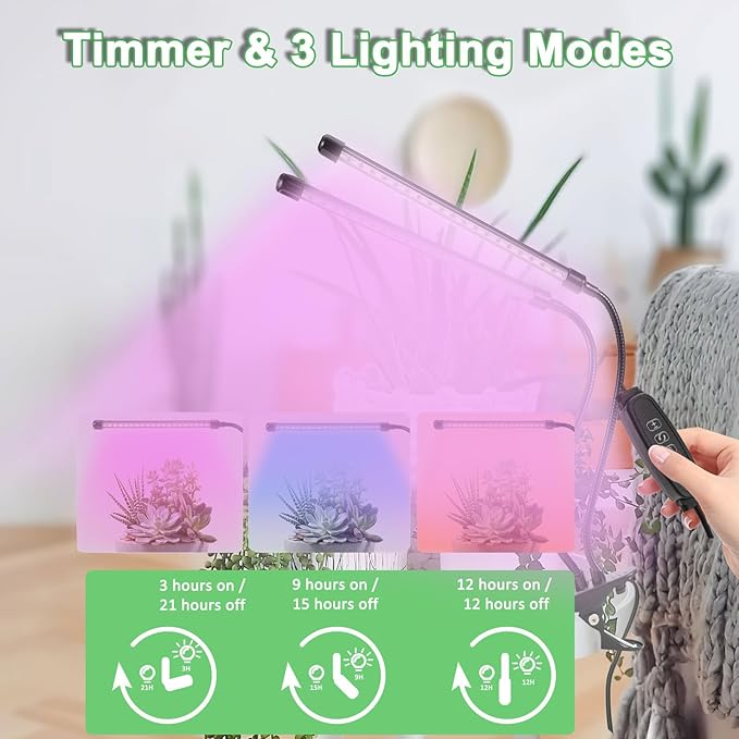 Grow Lights for Indoor Plants, 6000K Full Spectrum Plant Lights for Indoor Growing White Red Led, Clip On Grow Light Plant Lamp for Seeding,Dimmable &Auto on/Off Timmer (Red+Blue, 2Head-1Pack)