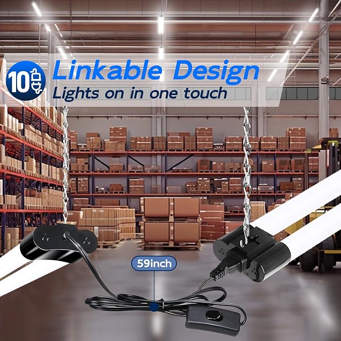 hykolity 10 Pack 4FT Linkable LED Shop Light for Garage, 6500lm, 4FT 60W Utility Light Fixture, 5000K Daylight LED Workbench Light with Plug, Hanging or Surface Mount, Black - ETL