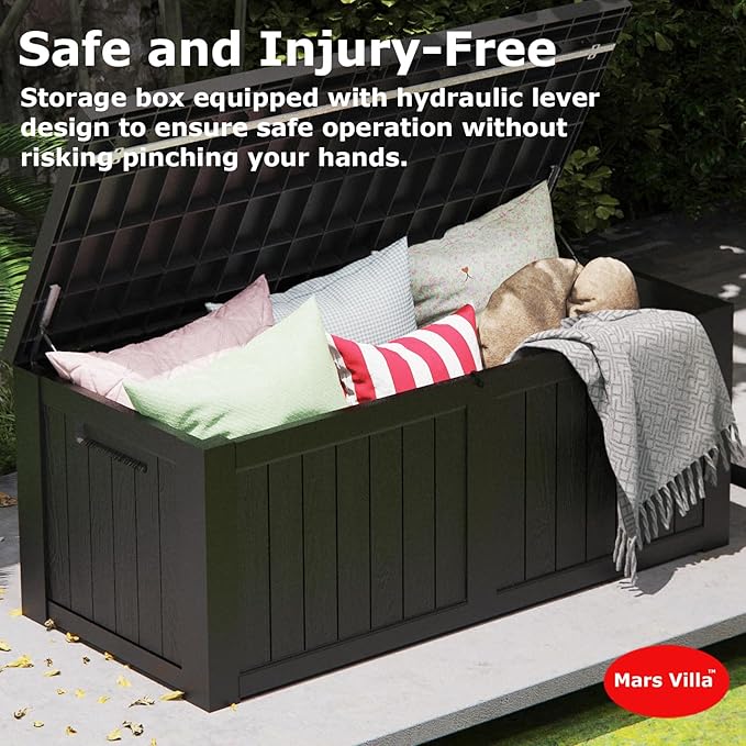 Mars Villa 119 Gallon Deck Box, Large Resin Outdoor Storage Box, Waterproof Storage Bin with Lockable Lid for Patio Furniture Cushions, Pool Supplies, Garden Tools, Weatherproof, Black