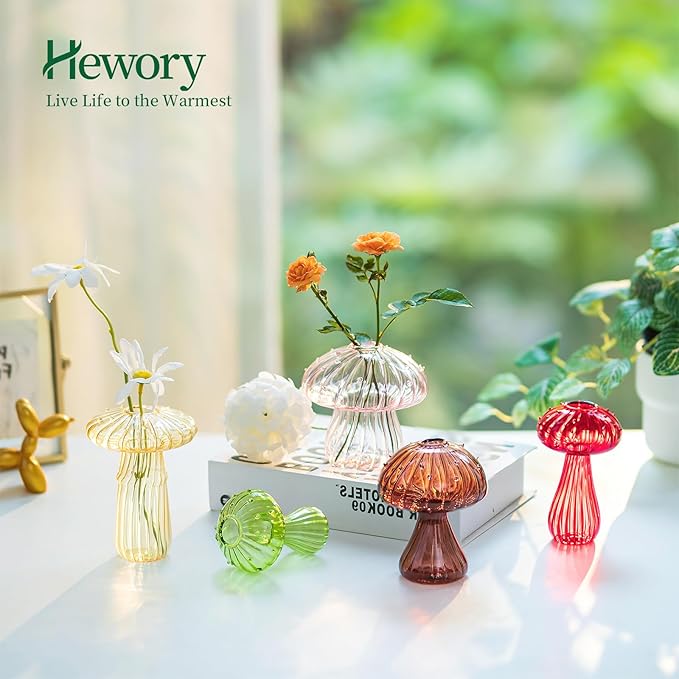 Mushroom Jars for Plants, Hewory 5pcs Colored Glass Mushroom Bud Vase for Flowers, Unique Plant Propagation Stations Propagating Vases Decor, Mini Cute Hydroponic Terrarium Planter for Indoor Planters