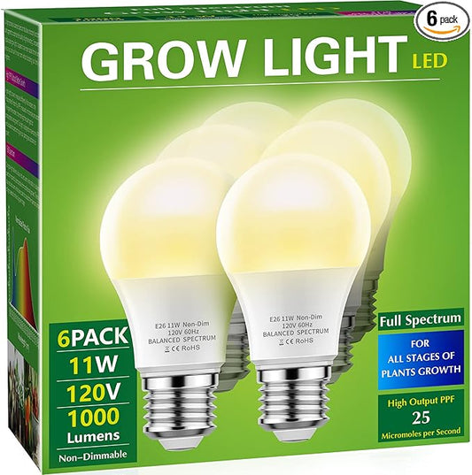 Briignite Grow Light Bulbs, LED Grow Light Bulb A19 Bulb, Full Spectrum Grow Light Bulb, Plant Light Bulbs E26 Base, 11W Grow Bulb 100W Equivalent, Grow Light for Indoor Plants, Seed Starting, 6 Pack