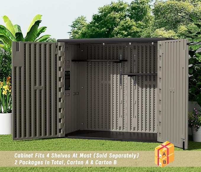 KINYING Plastic Shelving for 37 Cu.ft Horizontal Shed and 57 Cu.ft Vertical Shed, One Shelf with 2 Hooks On The Package, 25.5 in * 13 in, Easy Assembly