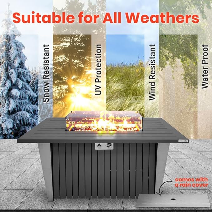 SereneLife Outdoor Propane Fire Pit Table - CSA/ETL Certified 50,000 BTU Pulse Ignition Weatherproof Rectangle Propane Gas Fire Table w/Adjustable Flame - Glass Rocks Wind Guard, Black SLFPSX55