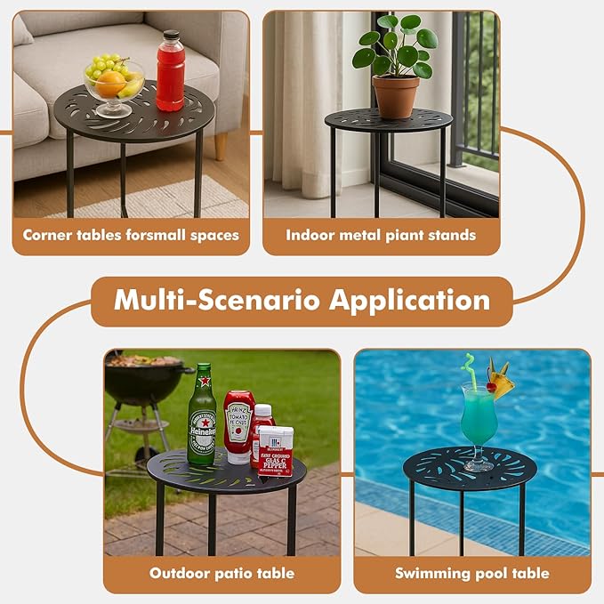 2 Packs 13" Metal Outdoor Side Tables Small Black Outside End Table for Patio Round Accent Corner Stand for Small Spaces Weather-Resistant Coffee Table for Balcony Porch Plant Stand, Monstera Leaf
