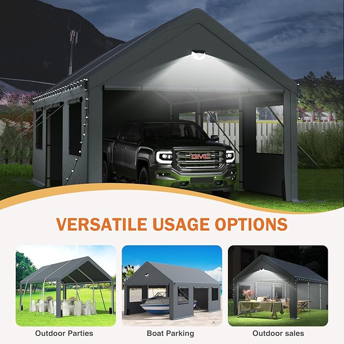 Carports 10X20 Heavy Duty，Portable Car Port Garage，Carport Canopy with Side Doors，Outdoor Car Shelter All Weather,Grey