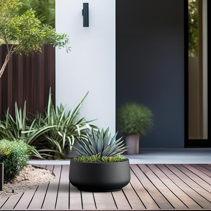 Kante 13.4" Dia Round Curvy Concrete Planter, Large Plant Pots with Drainage Hole and Rubber Plug for Indoor Outdoor Plants, Flower Pot for Home Garden Patio Porch, Black