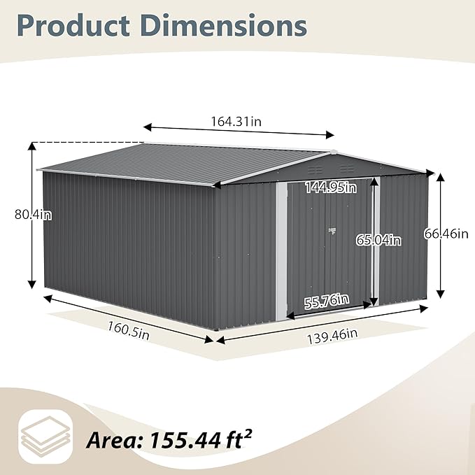 12x14FT Outdoor Storage Shed Metal Shed W/Floor Frame,Garden Tool House W/ 4 Air Vents,Lockable Double Doors & Sloped Roof,for Patio,Lawn,Backyard,Light Gray