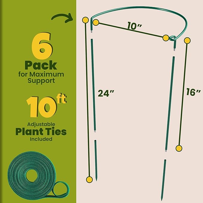 6 Pack Plant Support Stakes – Tall Plant Stakes for Indoor and Outdoor Gardens - Peony Cages and Supports - Cage Rings for Potted Flowers, Peony, Hydrangea, and Rose Bush (10" W x 16" - 24" H)