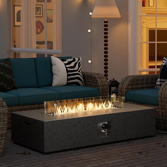 SUNBURY Outdoor Propane Burning Fire Pit, 56x28 inch Square Patio Fire Table 50,000 BTU Fire Pit for Outside with Waterproof Cover and Glass Stones, Light Gray