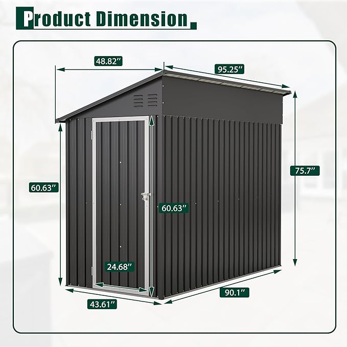 4x8 FT Metal Outdoor Storage Shed with Lockable Door and 2 Air Vents, Lean to Storage Shed, Garden Tool Storage Cabinet for Backyard Patio Lawn, Black