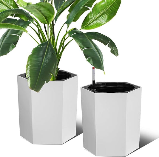 Hexagon Flower Pot, Self-Watering Planter with Water Level Monitoring, Bottom Wheels and Water Outlet, Outdoor & Intdoor Planter Box for Garden, Patio, Balcony, Lounge, White