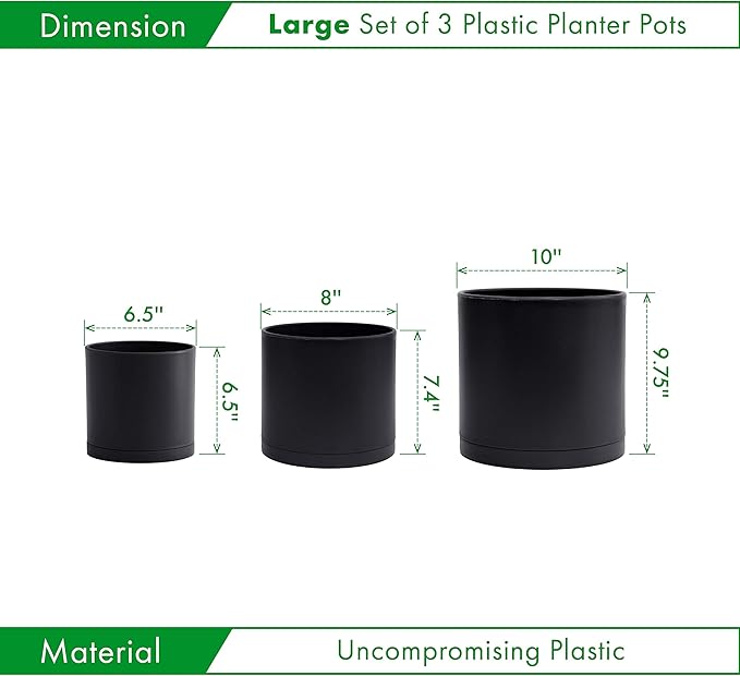 D'vine Dev 6.5 Inch 8 Inch 10 Inch, Set of 3 Plastic Planter Pots for Plants with Drainage Hole and Seamless Saucers, Black Color, Large, 74-V-B-4