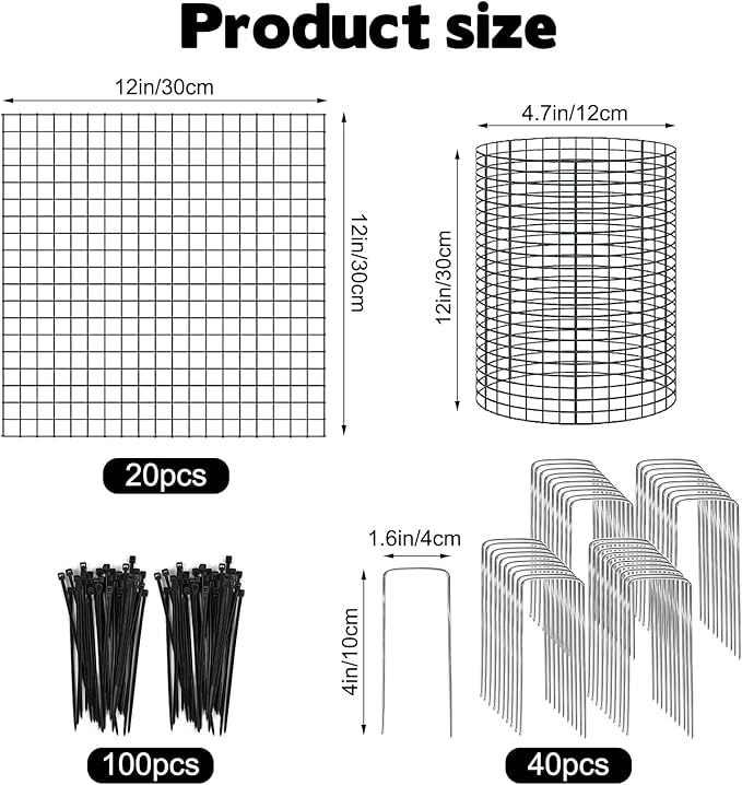 20 Pack 12" H X 4" D Wire Small Plant Protector from Animals, 20 Pcs Small Metal Plant Cage Chicken Wire Cloche with Ground Stakes and Nylon Tie to Keep Animals Out Garden Protection