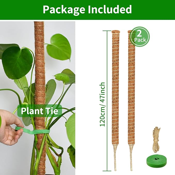 2 Pack Moss Pole, 47-Inch Moss Poles for Plants Monstera,Bendable Plant Support Stakes for Climbing Plants Indoor, Garden Trellis Plant Stick for Potted Plants, Pothos Philodendron