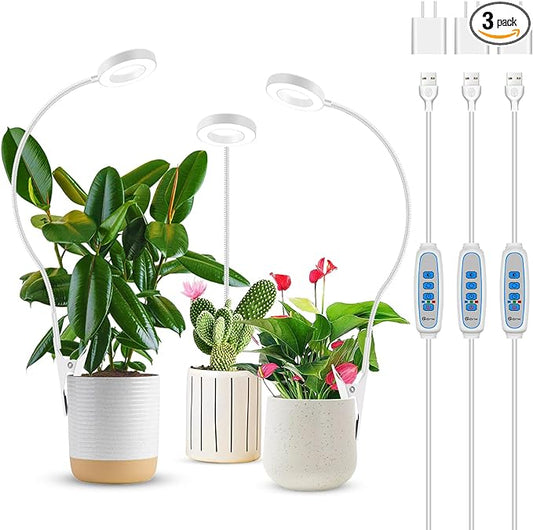 Grow Lights for Indoor Plants, Full Spectrum Clip on Plant Lights for Indoor Growing, White Halo Grow Lamp 3 Pack with 360° Gooseneck, 6/12/16H Timer, 3 Light Modes, 5 Dimmable