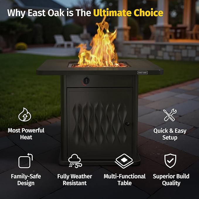 EAST OAK 32'' Propane Fire Pit Table, 50,000 BTU Steel Gas FirePit for Outdoor, Outside Patio Deck and Garden, CSA Certified Fire Table with Magnetic Lid, Cover-Storage Basket and Lava Rock, Black