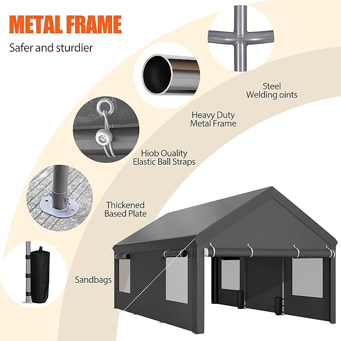 JAMFLY Carport, 12x20 ft Heavy Duty Carport with Roll-up Windows, Portable Garage with Removable Sidewalls & Doors, Car Canopy with Sandbags and All-Season Tarp for Car Boat Truck Motorcycle, Grey
