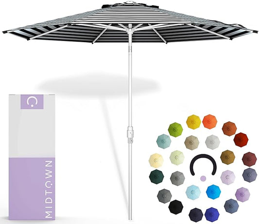 Midtown Umbrellas The Swilt 9 Feet Patio Umbrella in Terylast Zebra (Black/White Stripes) Polyester Fabric - Fiberglass Ribs, Auto-Tilt Aluminum Frame For Backyard, Deck, Garden, Pool - White Pole
