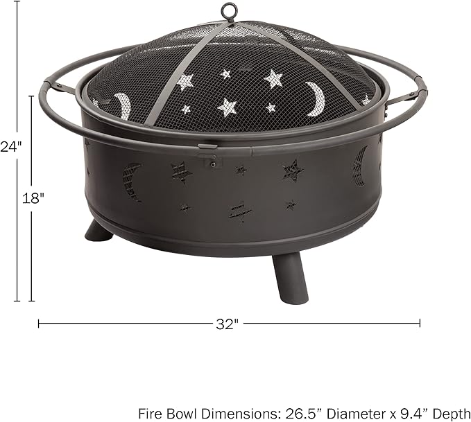 Fire Pit - 32-Inch Outdoor Wood Burning Firepit with Screen, Poker, and Cover - Outdoor Fire Pits for Backyard, Deck, or Patio by Pure Garden (Black)