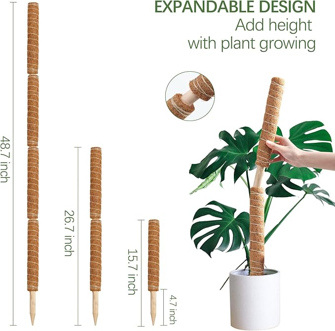 Joyhalo 48.7 Inch Moss Pole Monstera Plant Support, 4 Pcs 15.7 Inch Stackable Moss Poles, Plant Stakes for Indoor Plants with Jute Rope & Name Label