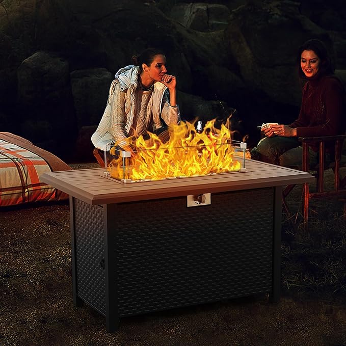 45 Inch Fire Table for Outside 60000 BTU Steel Gas Fire Pit Outdoor Fire Pit Table with Grille Tabletop Glass Wind Guard Fire Pit Cover and Blue Crystal Beads