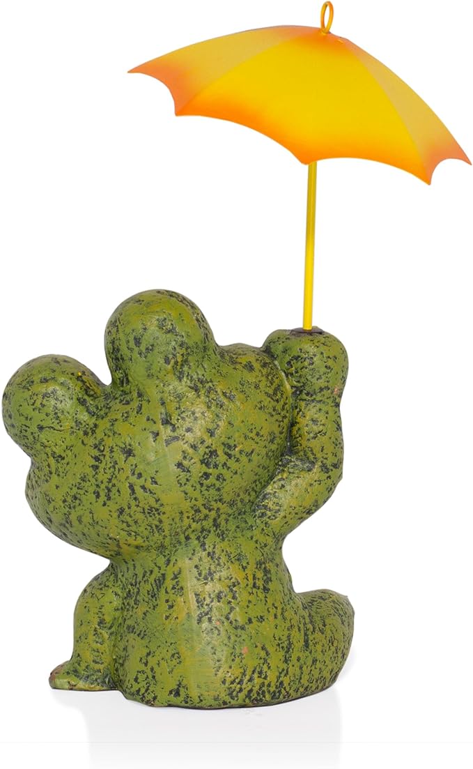 Alpine Corporation QWR1010HH 12" Tall Garden Frog Statue - Sitting Jolly Frog with Yellow Umbrella Decoration – Ceramic Yard & Patio Decor – Durable Lawn Sculpture