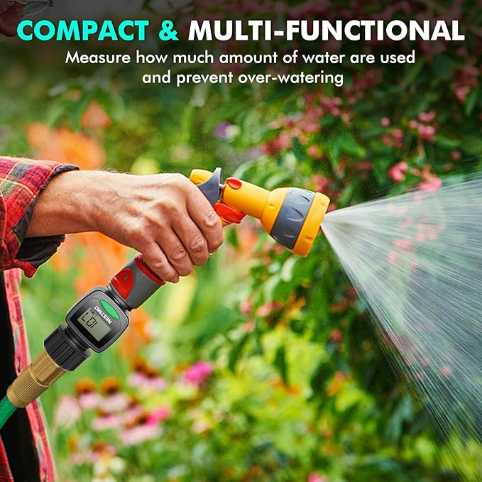 [2 Pack] RESTMO Water Flow Meter, High Measure Accuracy, Measure Gallon/Liter Consumption and Flow Rate for Outdoor Garden Hose Watering, RV Water Tank Filling, Lawn Sprinkler and Nozzle Sprayer