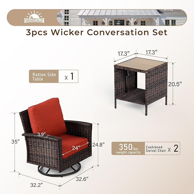 3 Piece Patio Furniture Set, Rattan Wicker Swivel Chairs Set of 2 with Side Table, 35" High Back Outdoor Conversation Set with Thick Cushions for Bistro Porch Poolside, Red