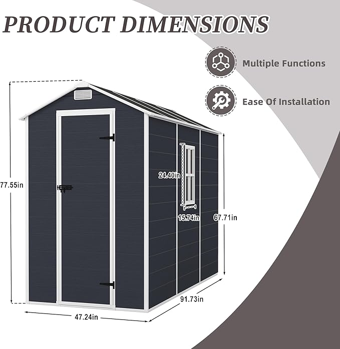 Resin Storage Shed 8x4ft, Outdoor Tool Shed with Floor, Window, Lockable Doors and Vents, 12mm Thick pp Board, Storage Sheds for Patio, Garden, Backyard, Lawn (Dark Gray, 4 * 8ft)