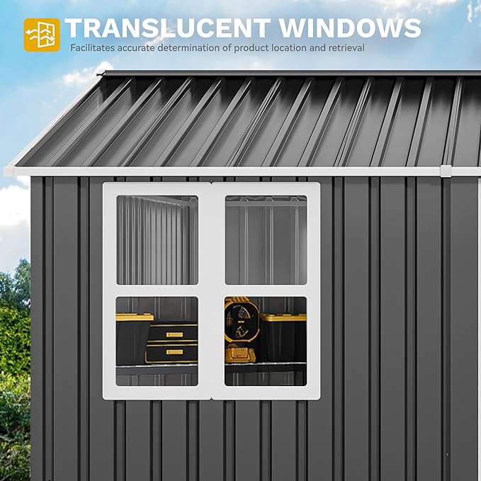 DWVO 10x8ft Large Tool Storage Shed with Window, Lockable Doors, and Sloped Roof, Oversized Steel Outdoor Storage Shed for Garden, Patio, Garage, Backyard, Lawn - Gray & White