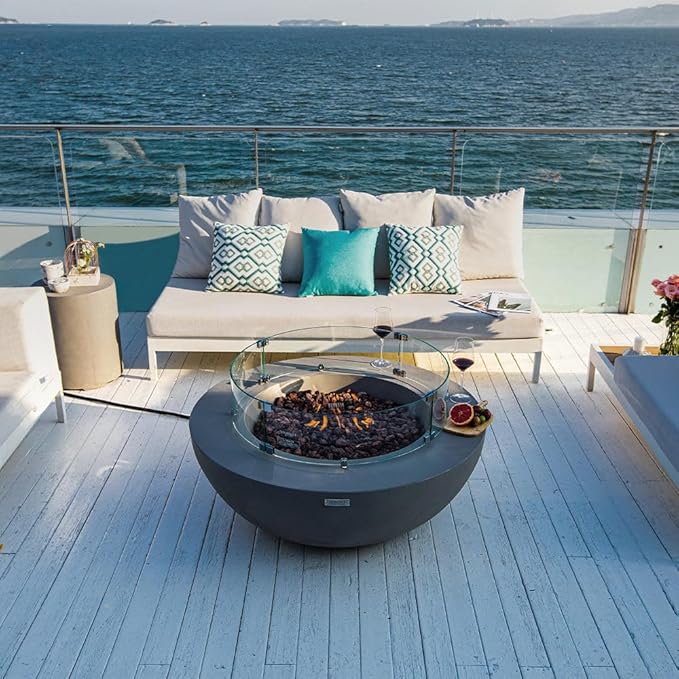 Lunar Bowl Concrete Fire Pit 42" x 42" Patio Firepit Includes Lava Rocks Modern Fire Pits & Outdoor Fireplaces for Garden, Deck, Indoor & Outdoor Heating
