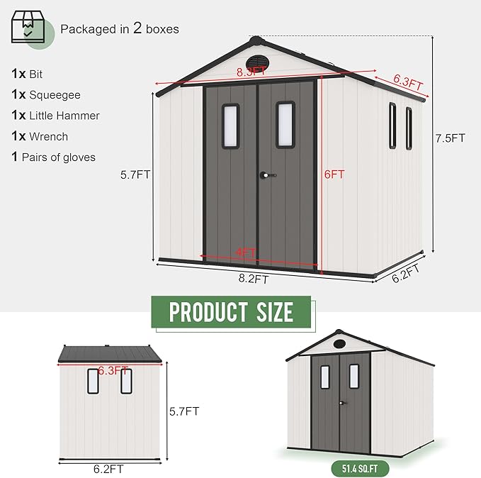 8' x 6' Outdoor Resin Storage Shed with Floor,Galvanized Metal Waterproof Garden Shed with Lockable Door, Windows, Vents, Plastic Tool, Bike Storage for Patio Furniture, Lawn Mower