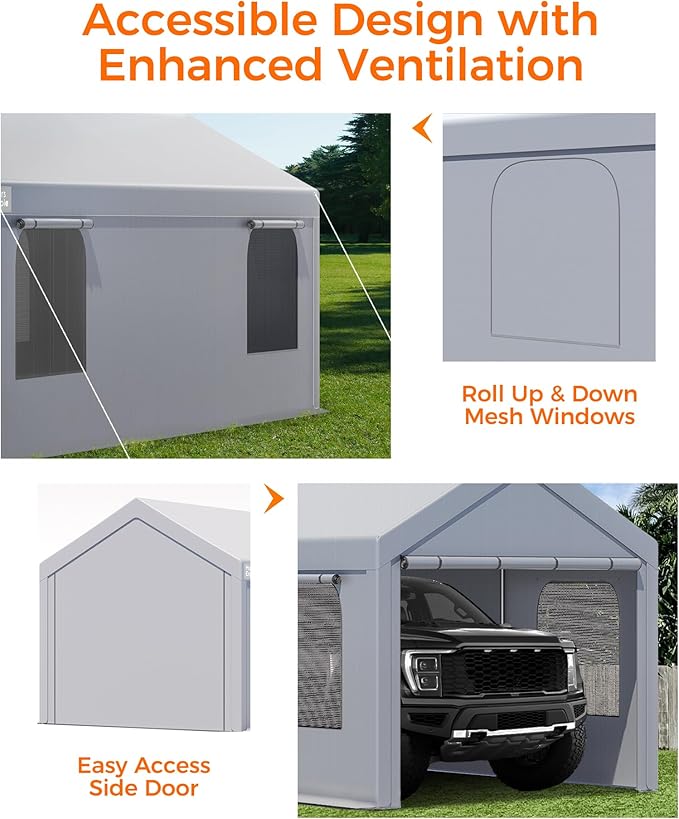 Carport, 12 x 20 FT Portable Garage Heavy Duty, Carport Canopy with Side-Opening Door & Roll-Up Windows, Car Canopy Reinforced with Extended Skirt and All Season Tarp for Car, Truck, Boat（Light Gray）