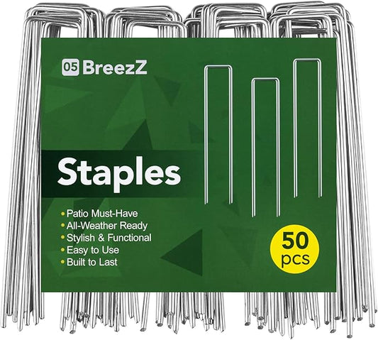 Breezz 50 Pack Garden Staples 6 Inch 12 Gauge Galvanized Pins, Heavy-Duty Ground Stakes for Weed Barrier, Irrigation Tubing, Yard Fabric, Halloween & Christmas Decoration Anchoring