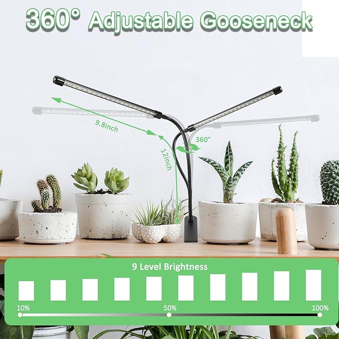 Grow Lights for Indoor Plants, 6000K Full Spectrum Plant Lights for Indoor Growing White Red Led, Clip On Grow Light Plant Lamp for Seeding,Dimmable &Auto on/Off Timmer (Red+Blue, 2Head-1Pack)