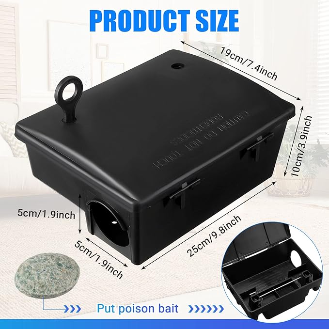 Qualirey Rat Bait Stations Large Rodent with Key Reusable Mouse Stations Mice Blocks Heavy Duty Boxes for Outdoor Rodents Mice Blocks, Bait Not Included(Black,4 Pack)