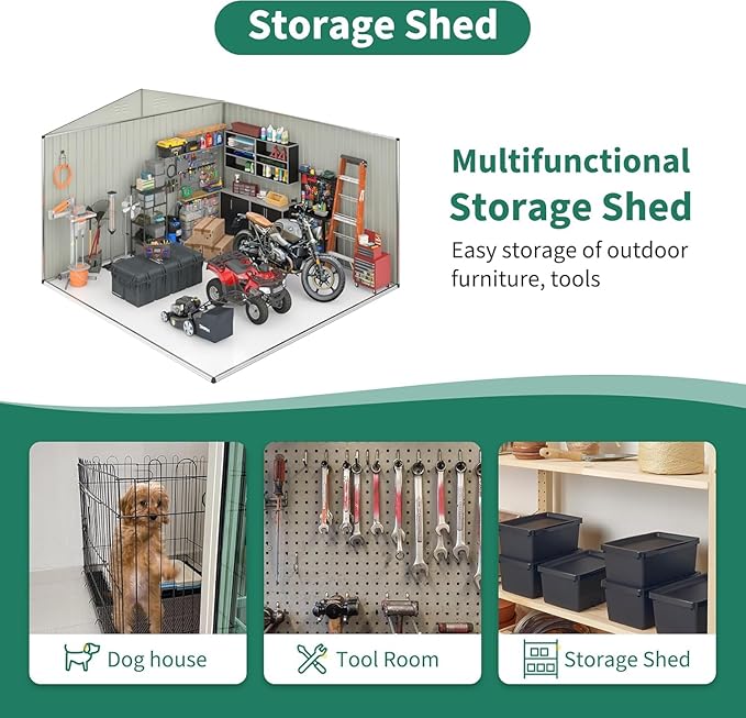 12x14 FT Outdoor Storage Shed, Garden Shed with Updated Frame Structure and Lockable Doors, Metal Tool Sheds for Backyard Garden Patio Lawn, White