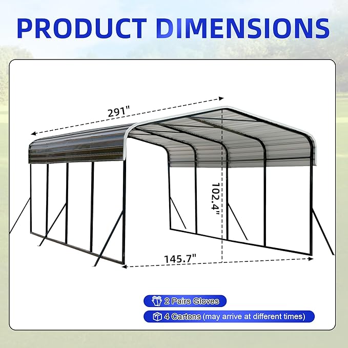 12x24 Metal Carport with Base Fixings Heavy Duty Garage Outdoor Chrome Plated Frame and Sheet Metal Construction Suitable for Boats, Cars, Tractors and Agricultural Equipment, Dark Gray