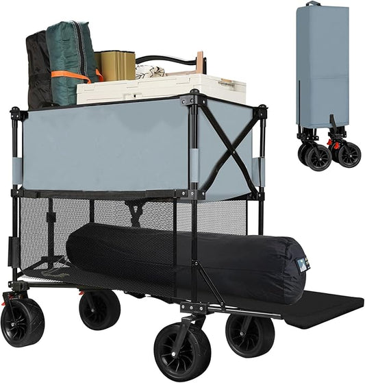 Taifa Longer Foldable Collapsible Double Decker Wagon Cart, Heavy Duty Portable Beach Utility Grocery Wagon Cart with Big Wheels and Brakes for Sand, Camping Outdoors, Grey